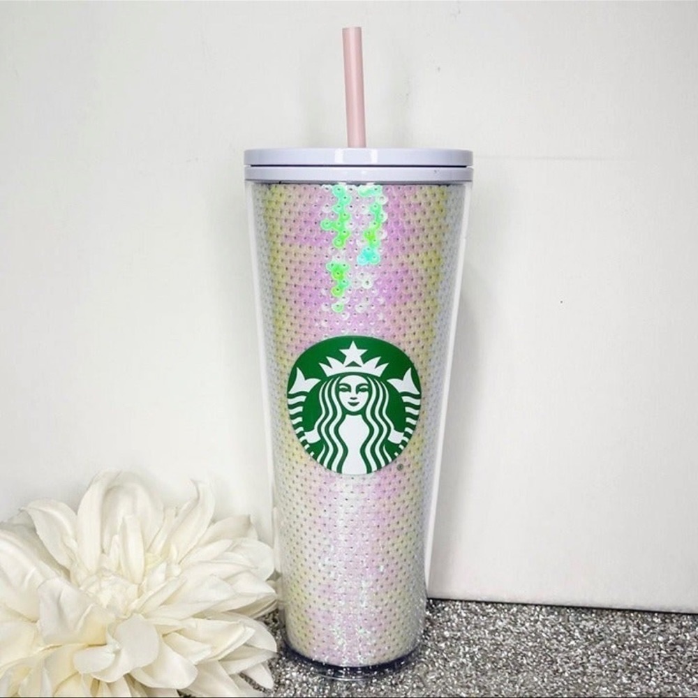 Starbucks White Pink Sequin Tumbler Cup Venti Cold Cup Nwt - Picture 6 of 6